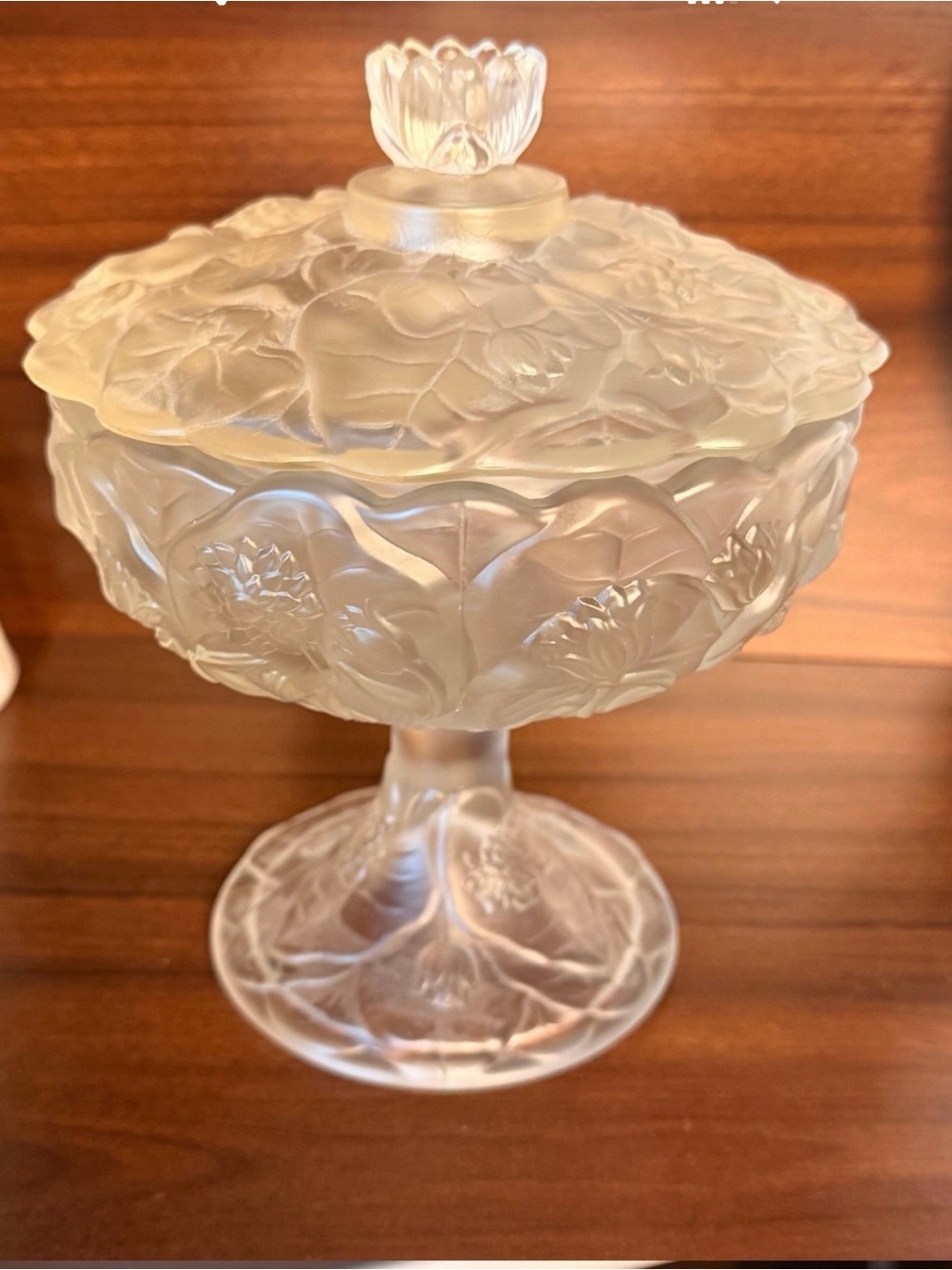 Fenton Frosted White Floral Covered Compote